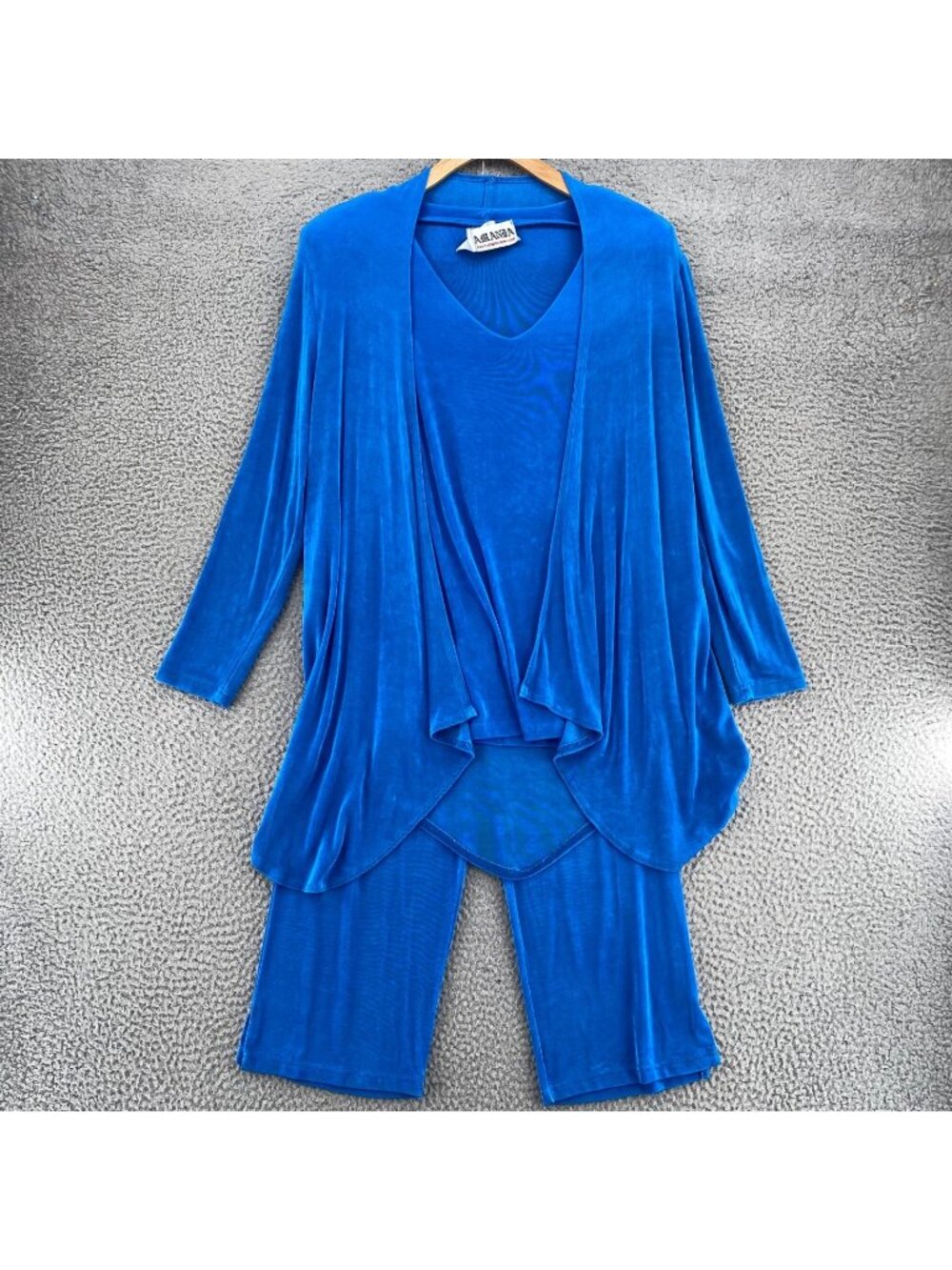 Amanda Set Womens Small VTG Blue Travel Knit 3/4 Sleeve Top Cardigan Capris Easy